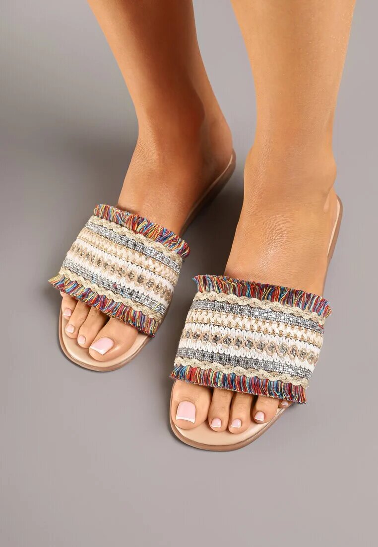 joalice paris Papuci Bej-Roșii Decorați cu Zirconii și Franjuri în Stil Boho Ridivenna