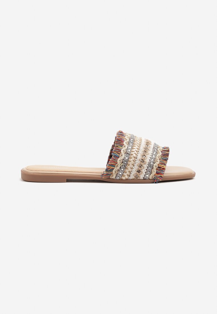 joalice paris Papuci Bej-Roșii Decorați cu Zirconii și Franjuri în Stil Boho Ridivenna