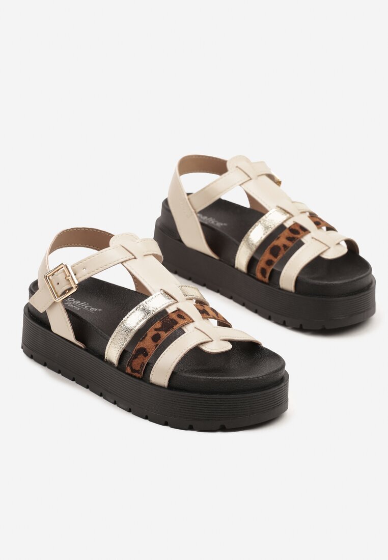 joalice paris Sandale Bej cu platformă decorate cu curele și cu imprimeu leopard Melrive