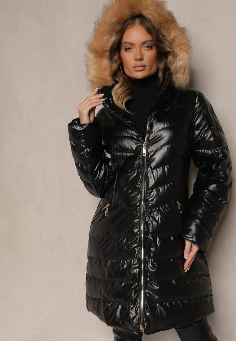 jstyle Geacă Negru-Maro Matlasată cu croi lung cu glugă decorată cu blană Senera