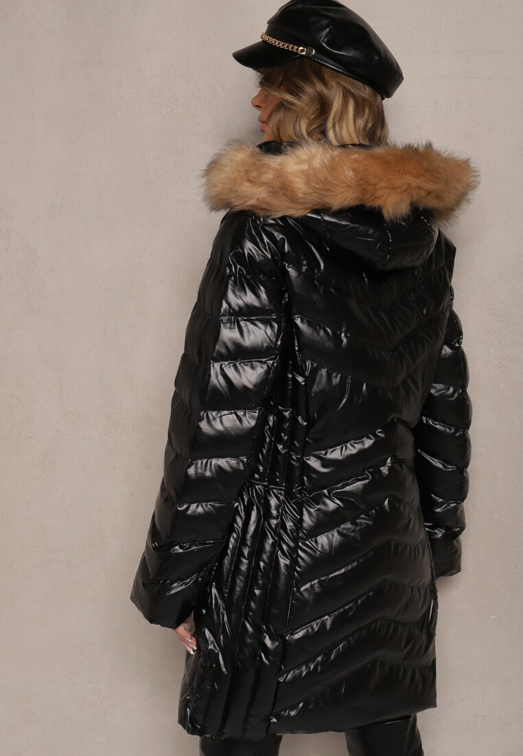 jstyle Geacă Negru-Maro Matlasată cu croi lung cu glugă decorată cu blană Senera
