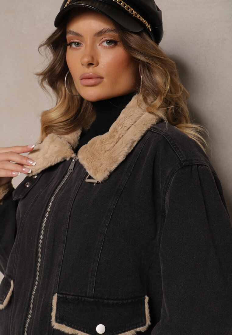 jstyle Jachetă de blugi gri închis cu bumbac și blană decorată cu o curea la guler Senalira