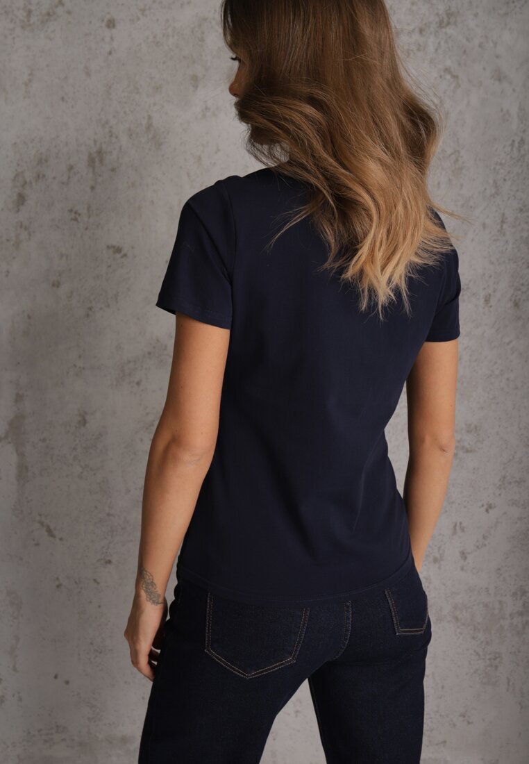 jstyle Tricou Bleumarin din Bumbac cu Decolteu Rotund Nedima