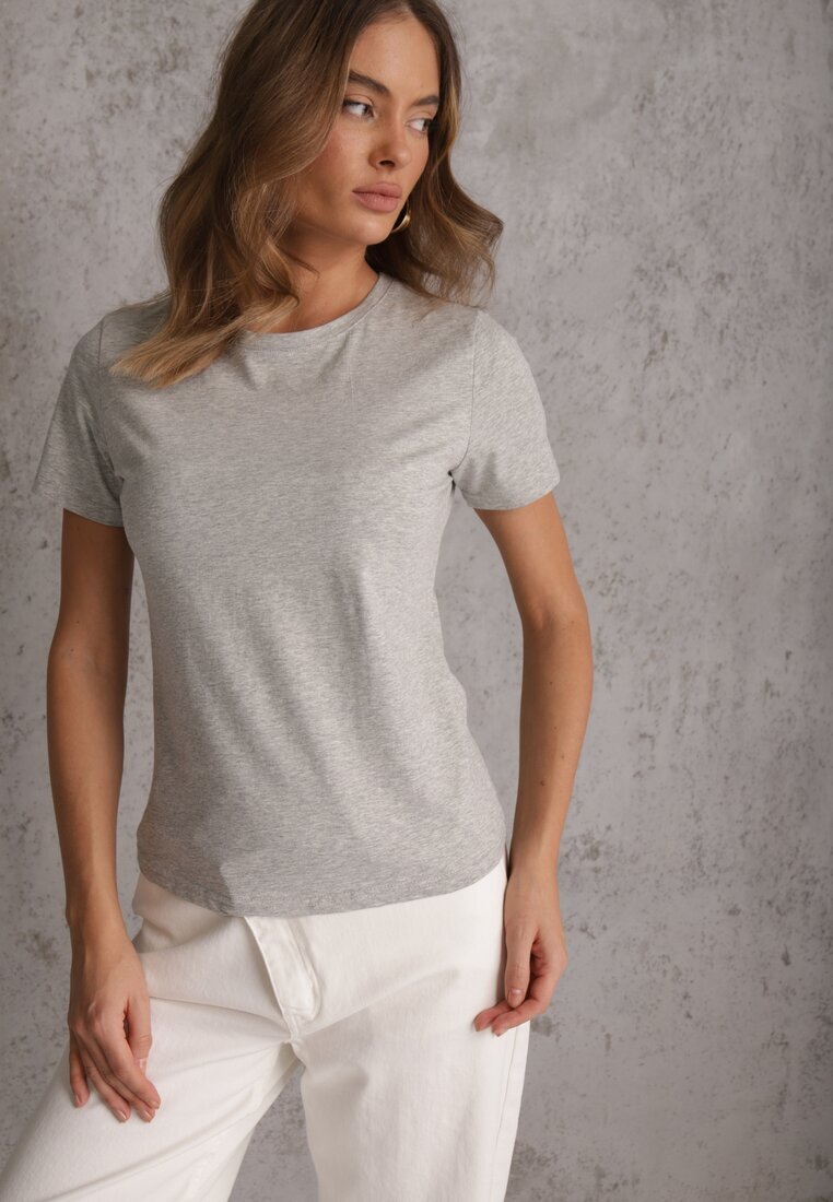 jstyle Tricou Gri din Bumbac cu Decolteu Rotund Nedima