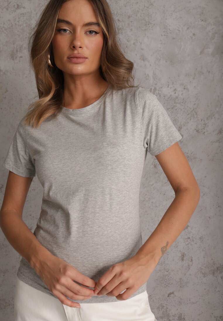 jstyle Tricou Gri din Bumbac cu Decolteu Rotund Nedima
