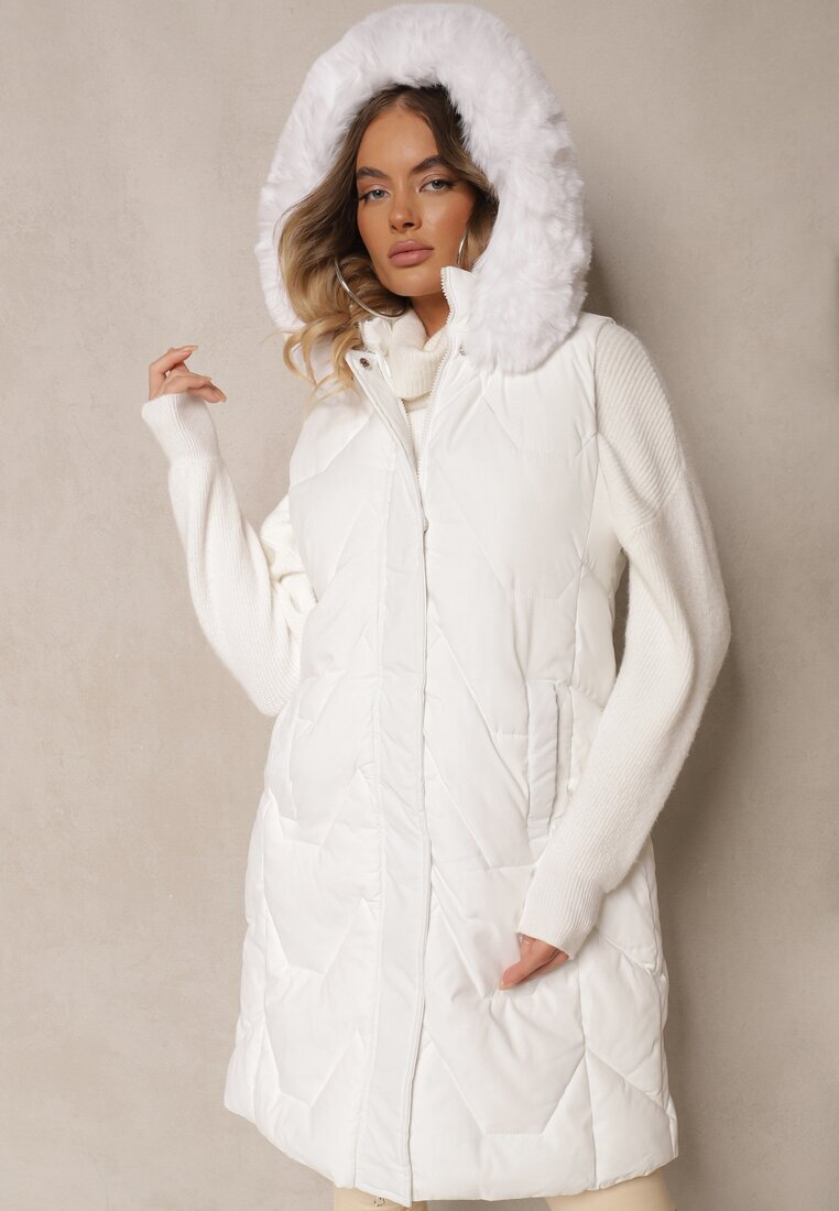 jstyle Vestă Albă Matlasată cu Glugă și Blană Detașabilă Innaleia