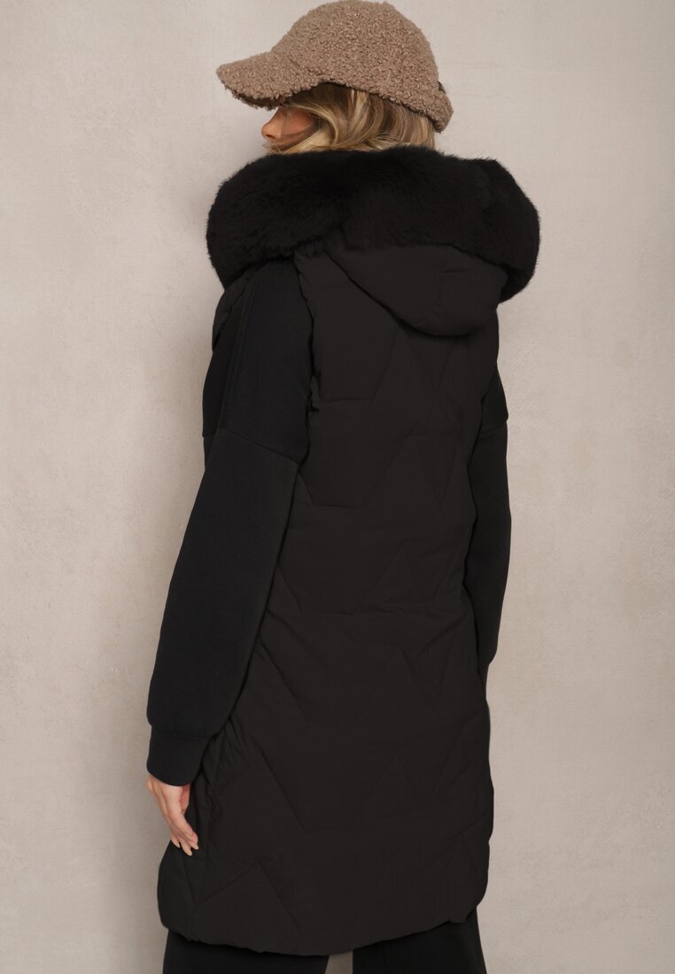 jstyle Vestă Neagră Matlasată cu Glugă și Blană Detașabilă Innaleia