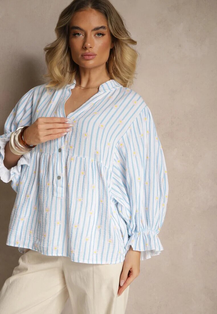 jumelle Cămașă Albastră din bumbac cu decolteu în V decorată cu model floral Mailisse