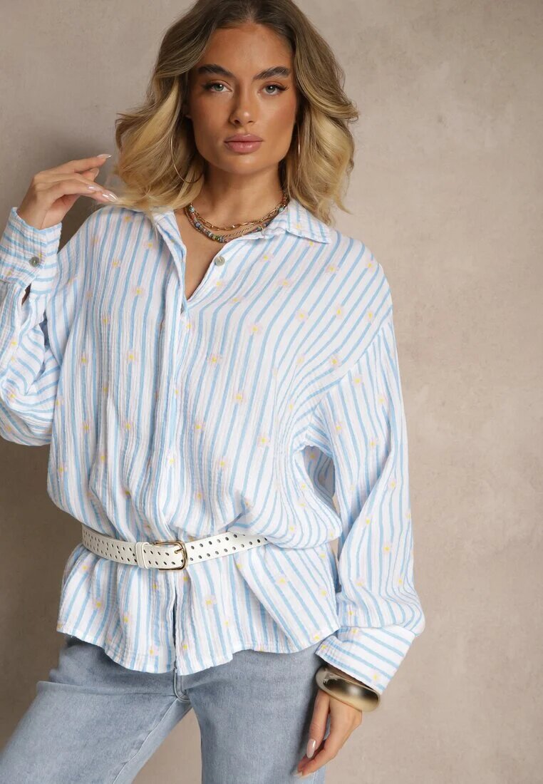 jumelle Cămașă Albastră din Bumbac cu Dungi Decorată cu Model Floral Apiola