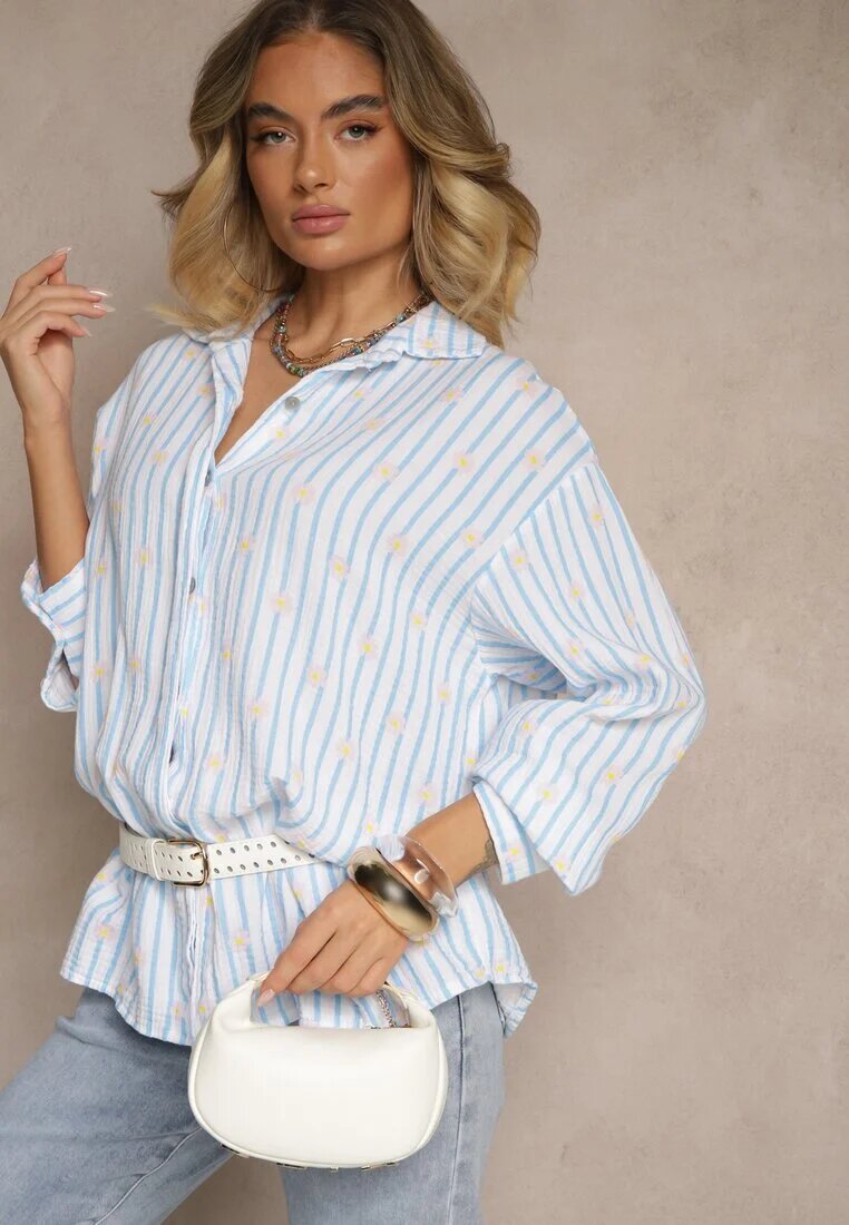 jumelle Cămașă Albastră din Bumbac cu Dungi Decorată cu Model Floral Apiola