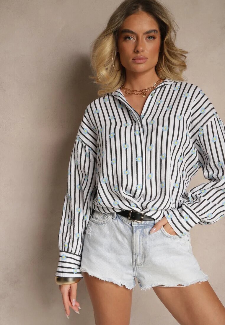 jumelle Cămașă Negru-Albă din Bumbac în dungi cu model floral Apiola