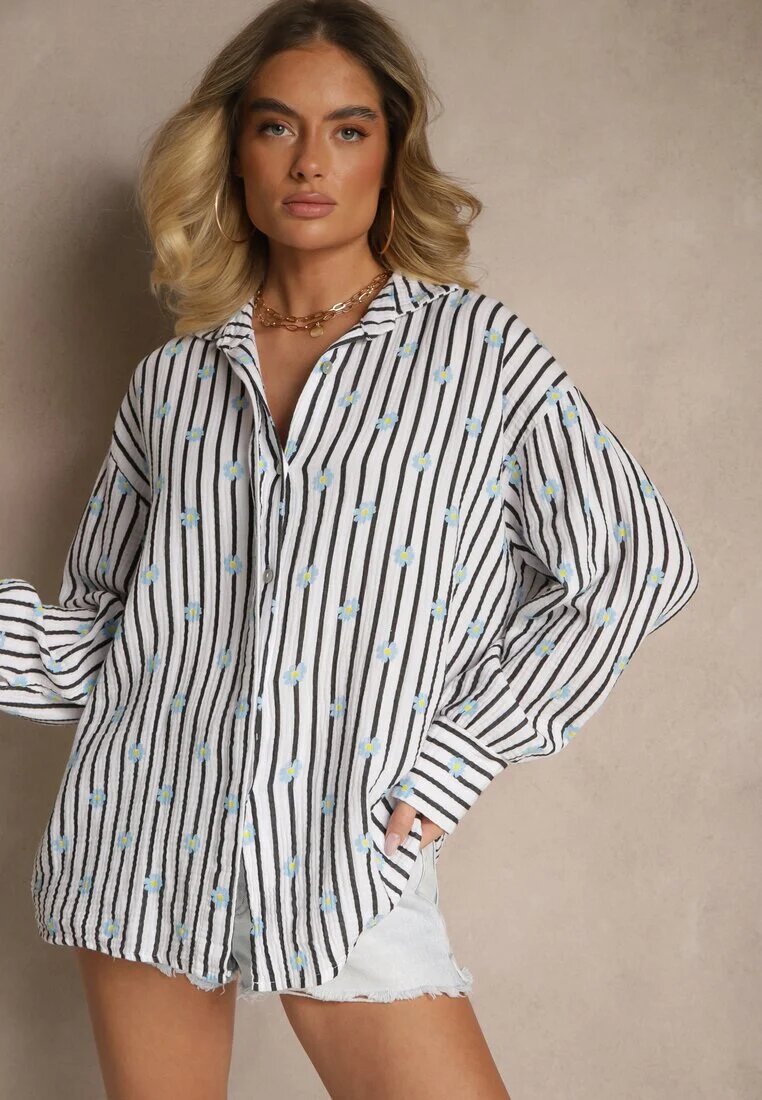 jumelle Cămașă Negru-Albă din Bumbac în dungi cu model floral Apiola