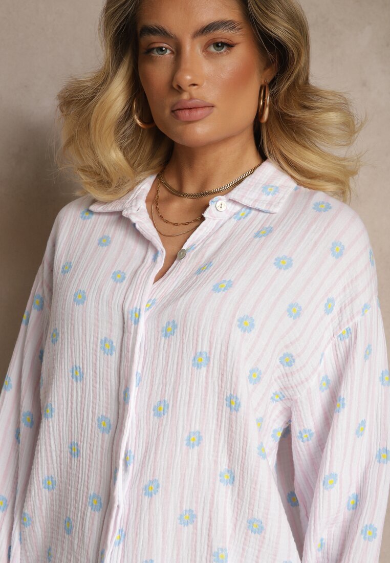 jumelle Cămașă Roz-Albastră din bumbac în dungi decorată cu model floral Apiola