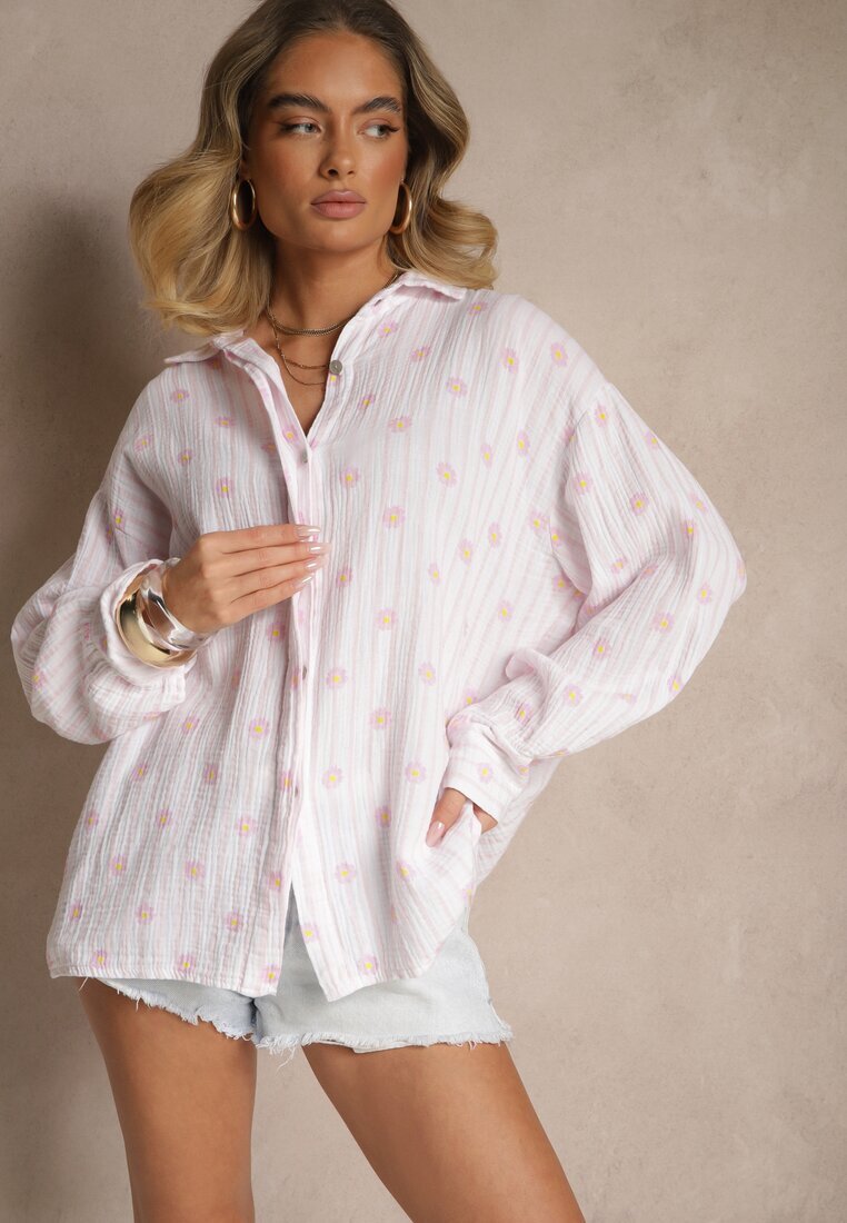 jumelle Cămașă Roz deschis din Bumbac în dungi Decorată cu Model Floral Apiola