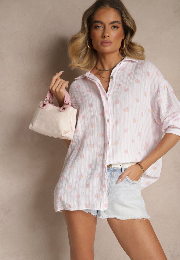 jumelle Cămașă Roz deschis din Bumbac în dungi Decorată cu Model Floral Apiola