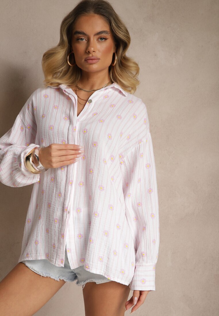 jumelle Cămașă Roz deschis din Bumbac în dungi Decorată cu Model Floral Apiola