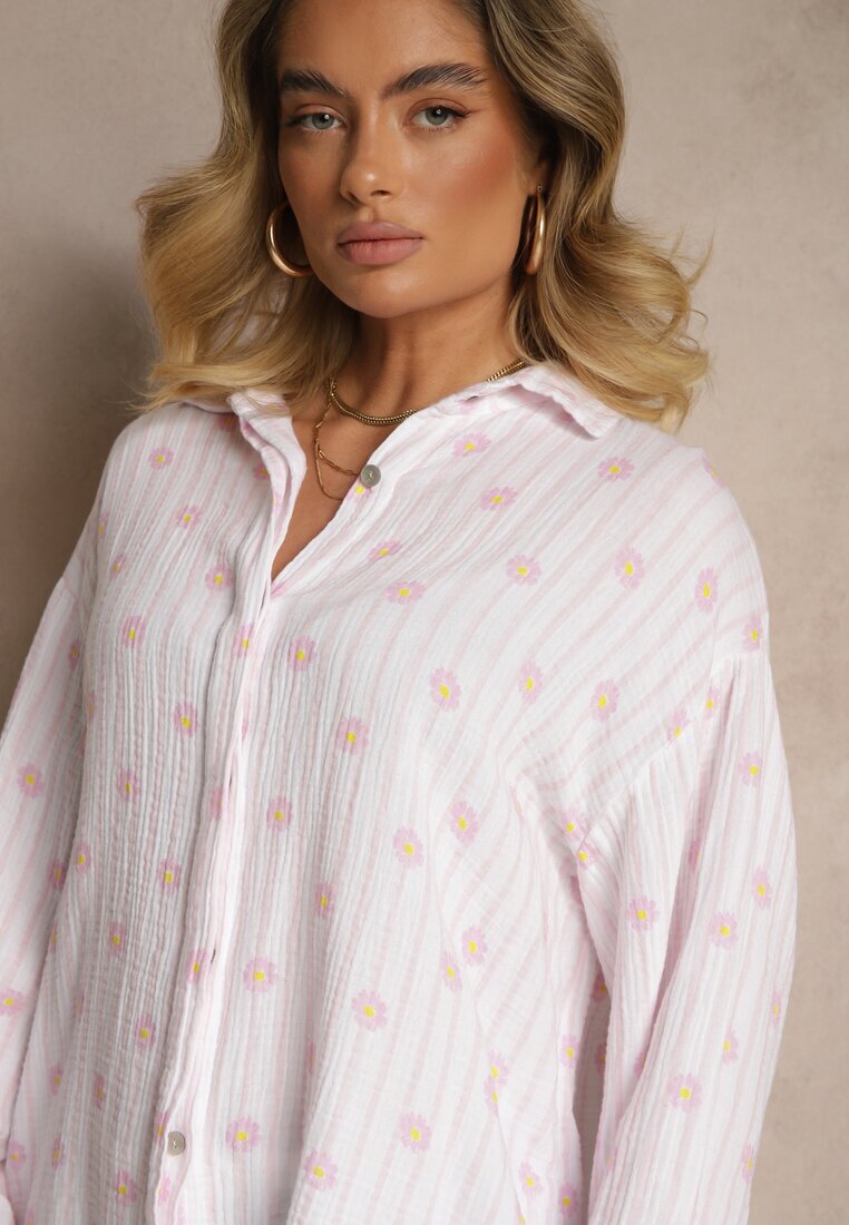 jumelle Cămașă Roz deschis din Bumbac în dungi Decorată cu Model Floral Apiola