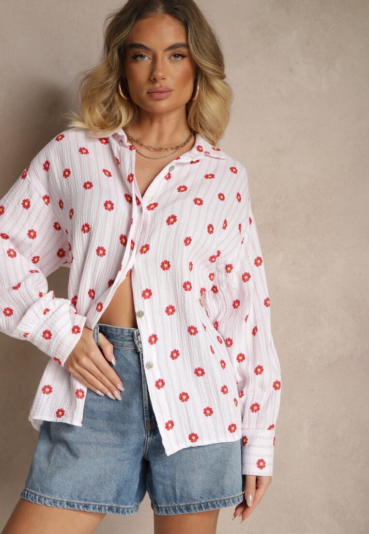 jumelle Cămașă Roz-roșie din Bumbac cu Dungi Decorată cu Model Floral Apiola