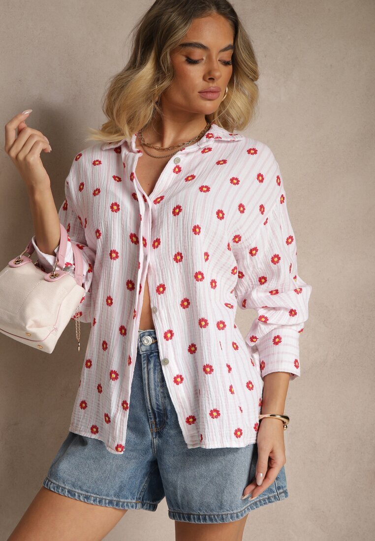 jumelle Cămașă Roz-roșie din Bumbac cu Dungi Decorată cu Model Floral Apiola