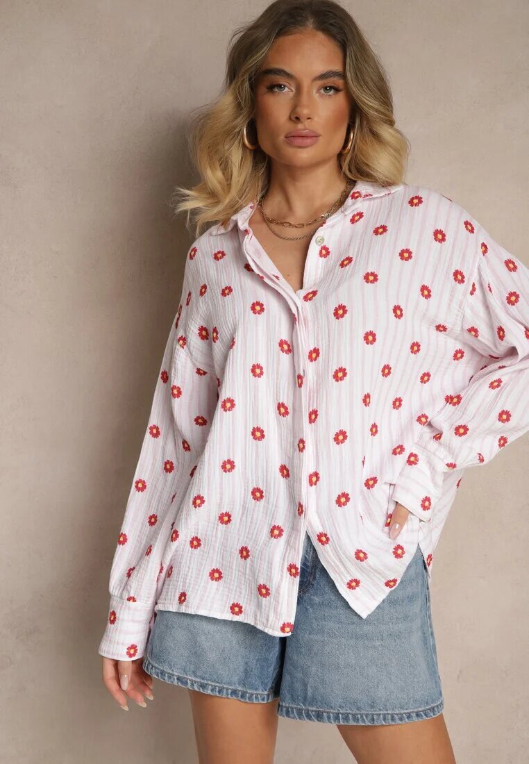 jumelle Cămașă Roz-roșie din Bumbac cu Dungi Decorată cu Model Floral Apiola