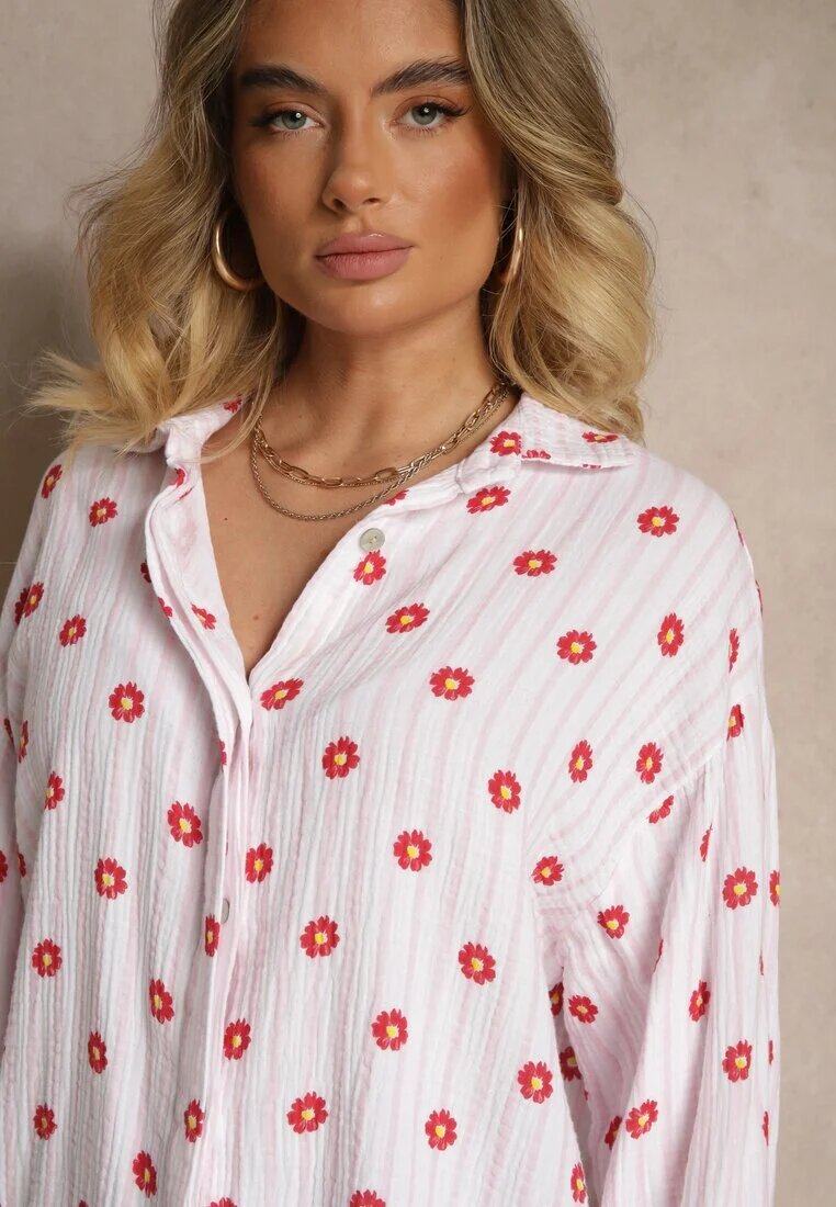 jumelle Cămașă Roz-roșie din Bumbac cu Dungi Decorată cu Model Floral Apiola