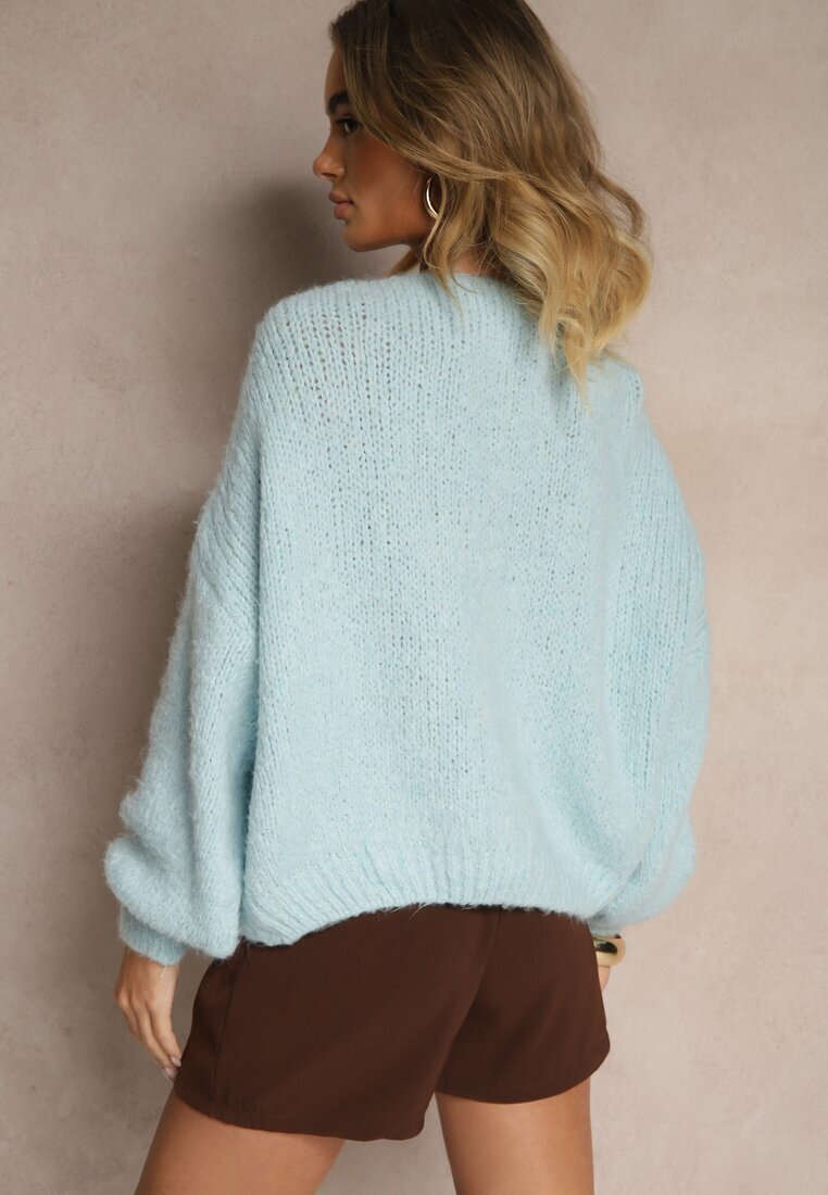jumelle Cardigan Albastru cu Lână stil Oversize cu Funde Legate Elearina
