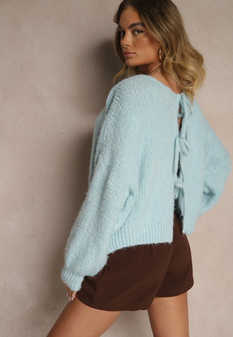 jumelle Cardigan Albastru cu Lână stil Oversize cu Funde Legate Elearina