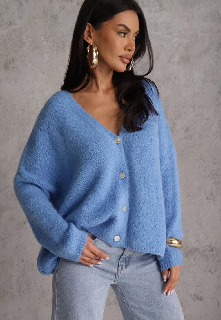 jumelle Cardigan Albastru din Lână și Mohair cu Croială Clasică cu Decolteu în V Avelmio
