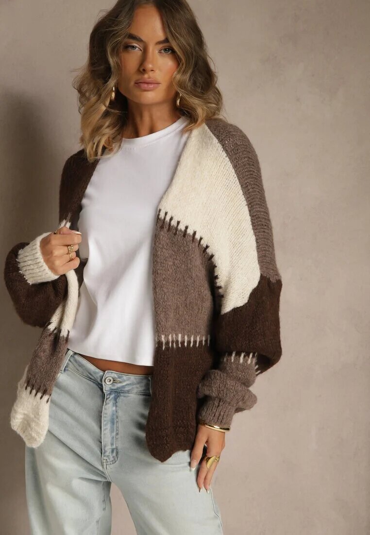 jumelle Cardigan Bej cu Amestec de Lână și Viscoză în Stil Patchwork Fesolinne