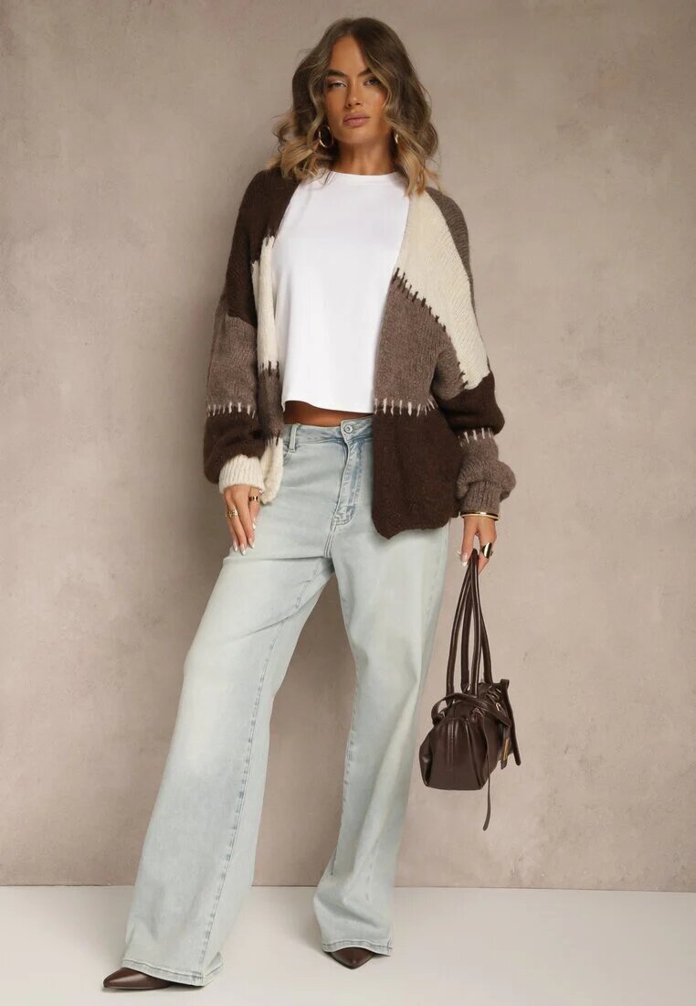 jumelle Cardigan Bej cu Amestec de Lână și Viscoză în Stil Patchwork Fesolinne