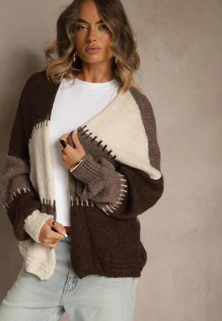 jumelle Cardigan Bej cu Amestec de Lână și Viscoză în Stil Patchwork Fesolinne