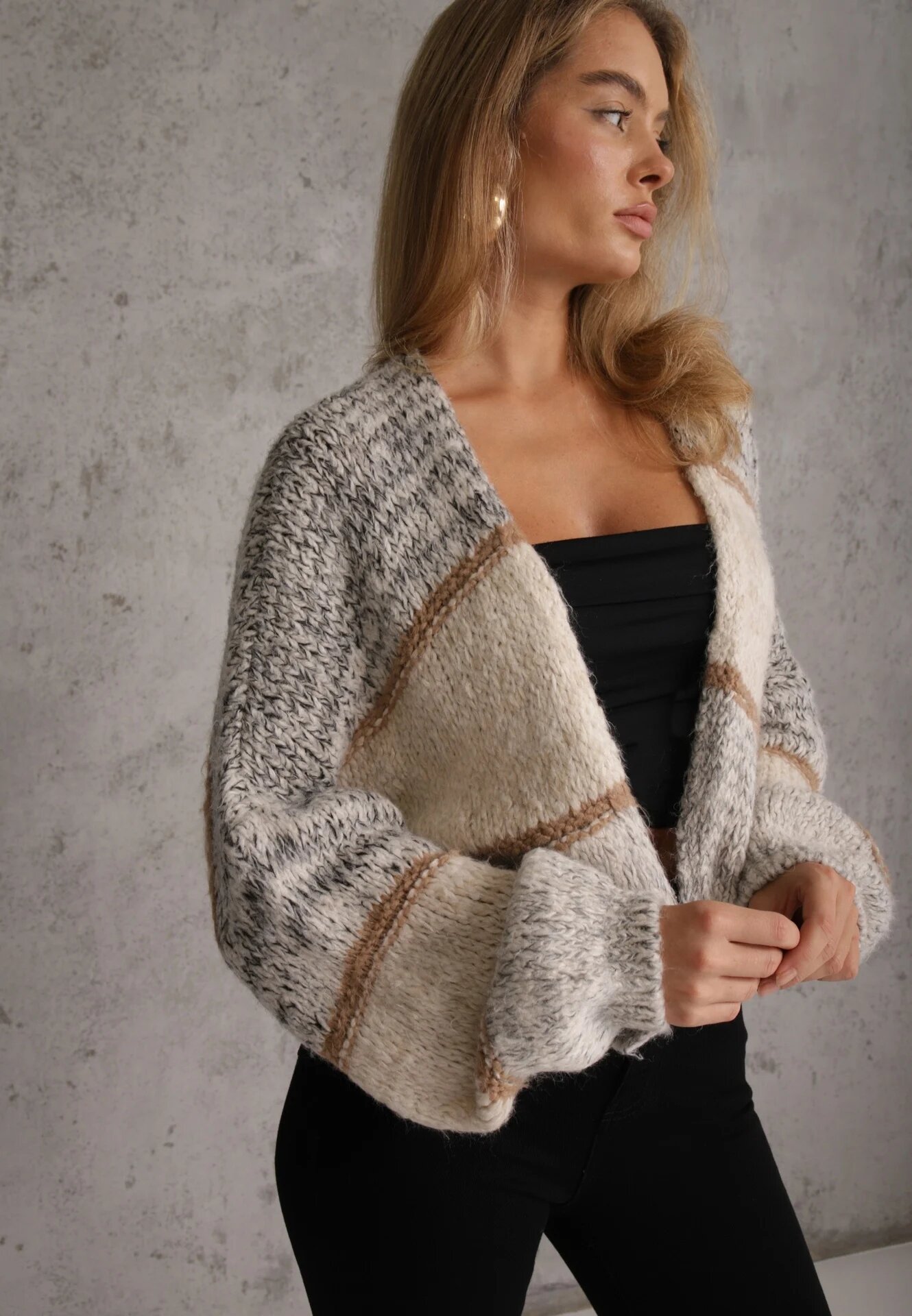 jumelle Cardigan Bej Deschis cu Lână cu Dungi Irinaa