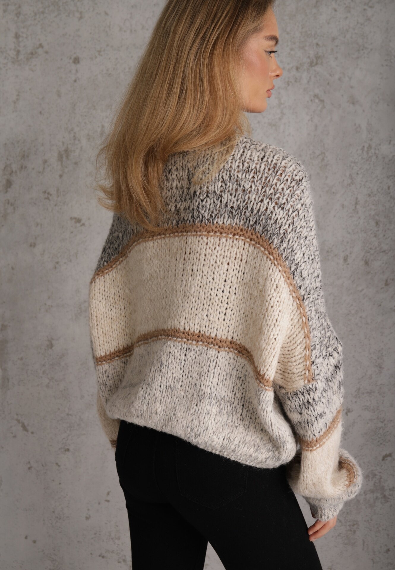 jumelle Cardigan Bej Deschis cu Lână cu Dungi Irinaa