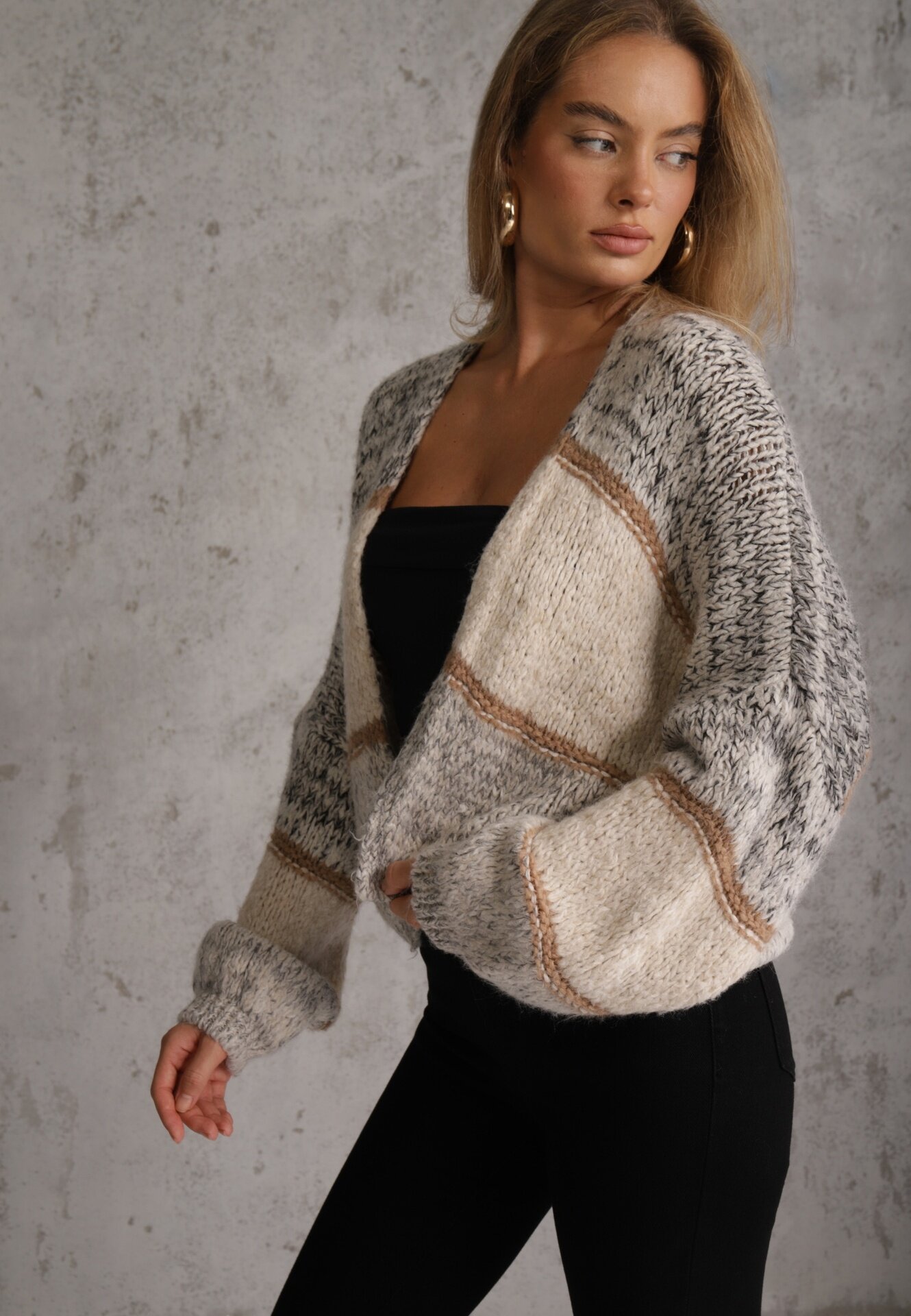 jumelle Cardigan Bej Deschis cu Lână cu Dungi Irinaa