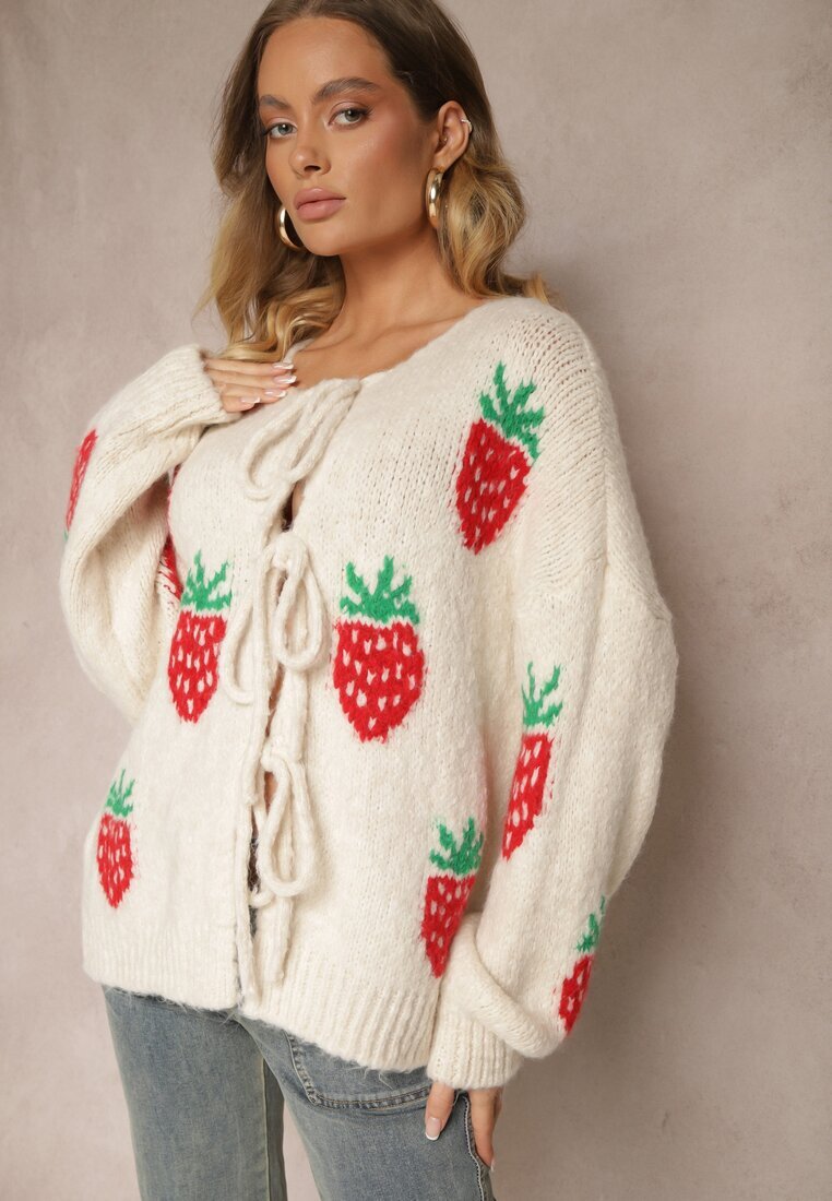jumelle Cardigan Bej deschis Legat din Lână și Viscoză cu Model Decorativ cu Căpșuni Cesirae