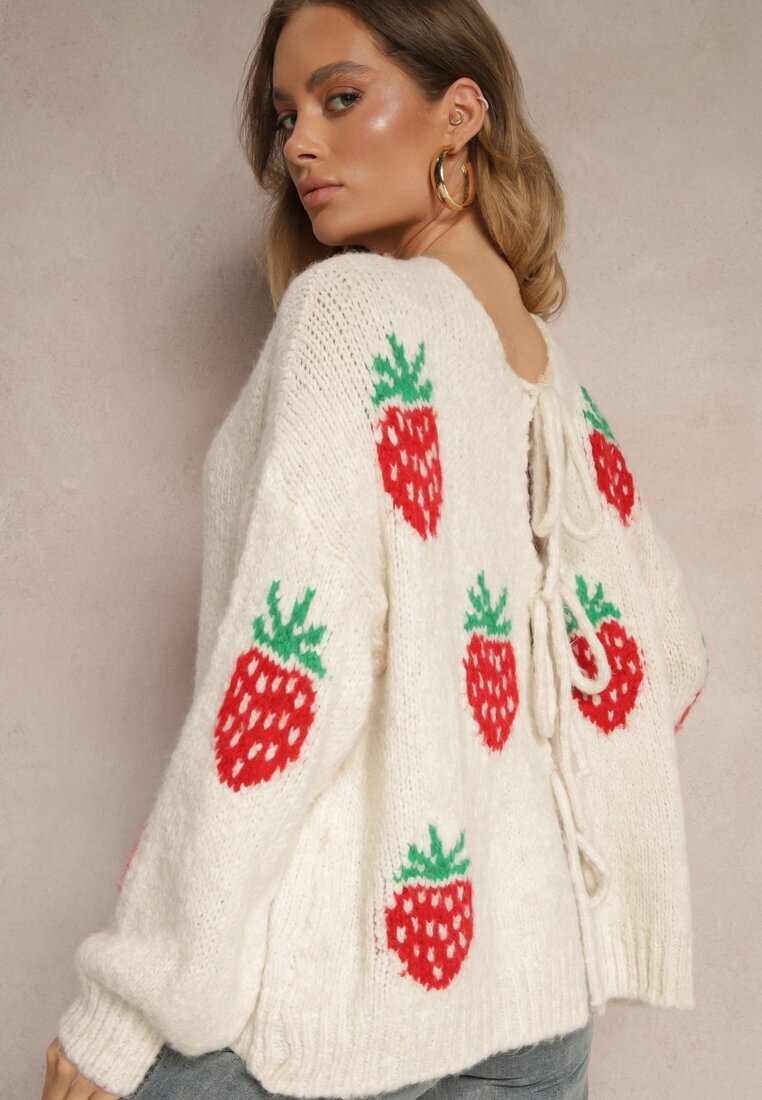 jumelle Cardigan Bej deschis Legat din Lână și Viscoză cu Model Decorativ cu Căpșuni Cesirae