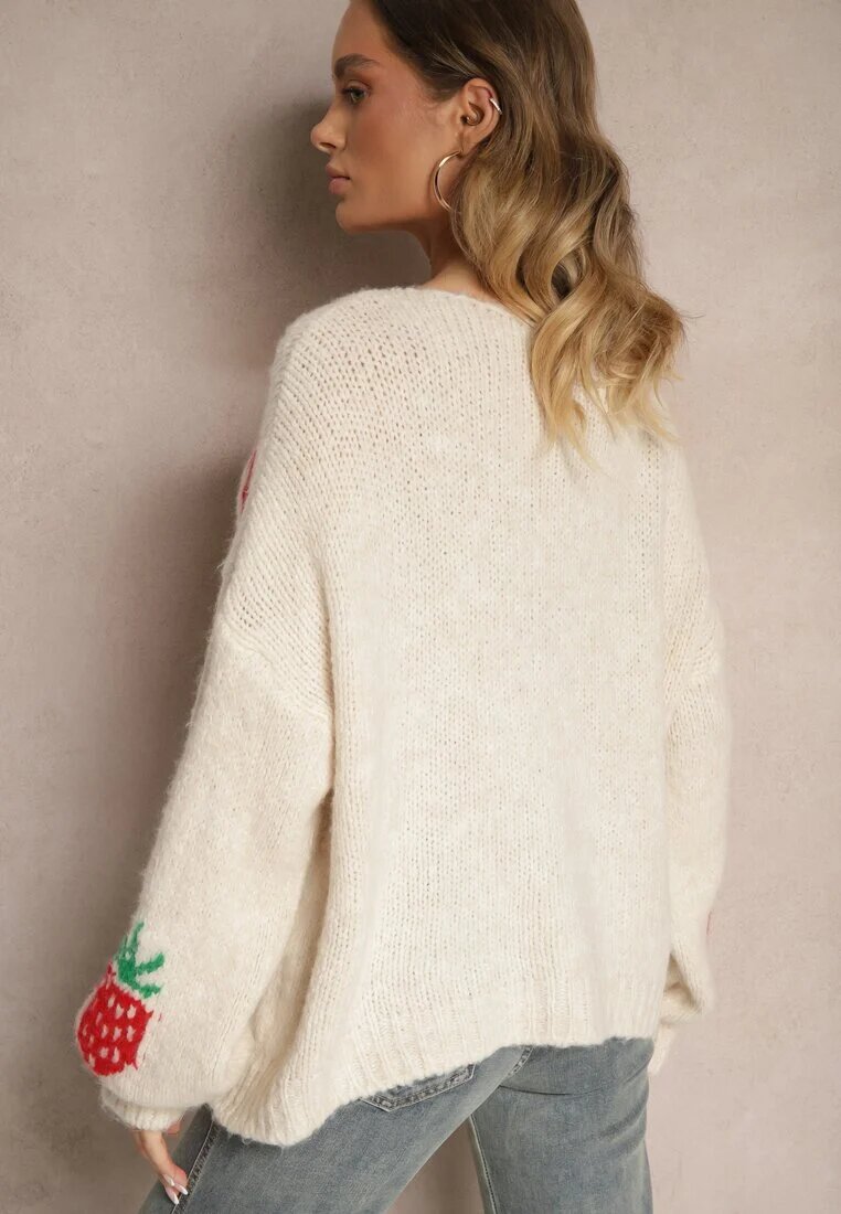 jumelle Cardigan Bej deschis Legat din Lână și Viscoză cu Model Decorativ cu Căpșuni Cesirae