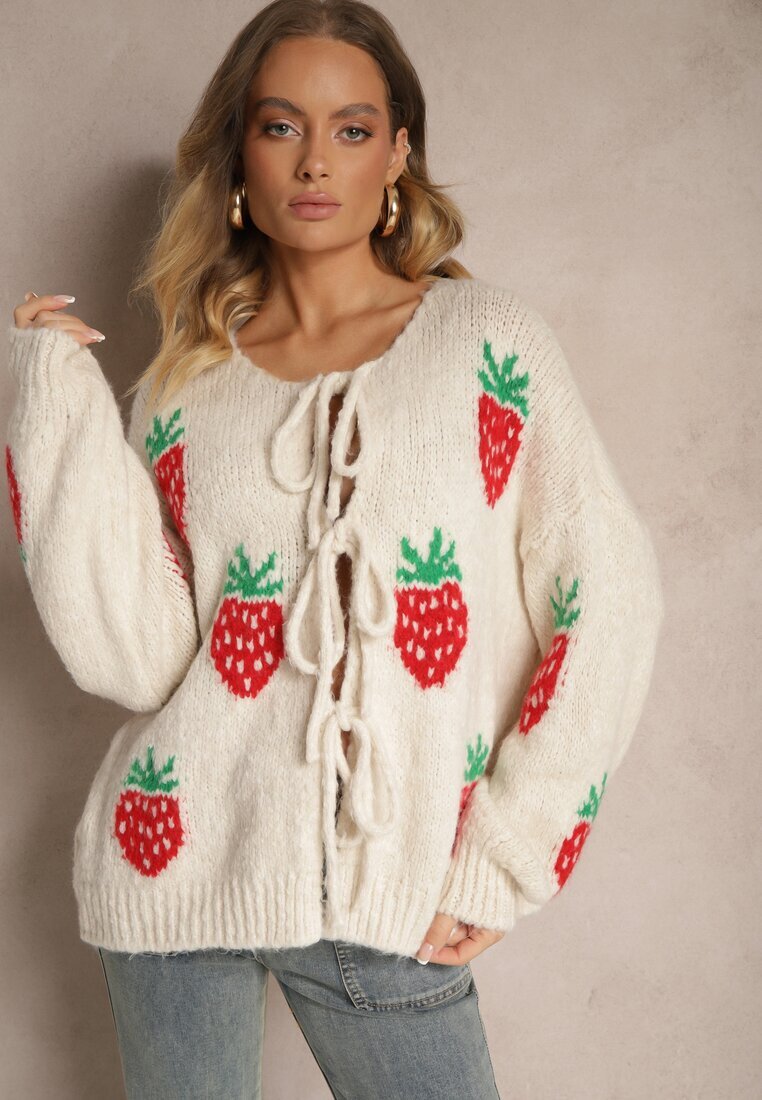 jumelle Cardigan Bej deschis Legat din Lână și Viscoză cu Model Decorativ cu Căpșuni Cesirae