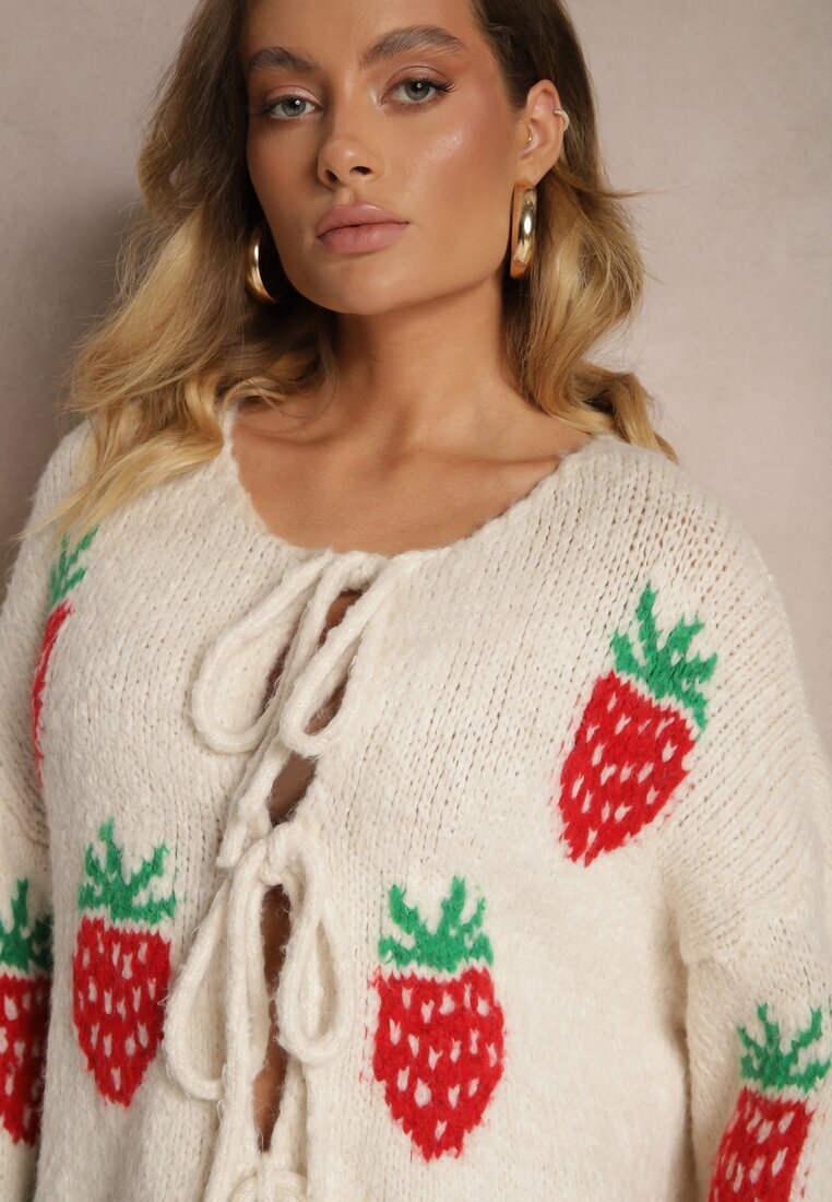 jumelle Cardigan Bej deschis Legat din Lână și Viscoză cu Model Decorativ cu Căpșuni Cesirae