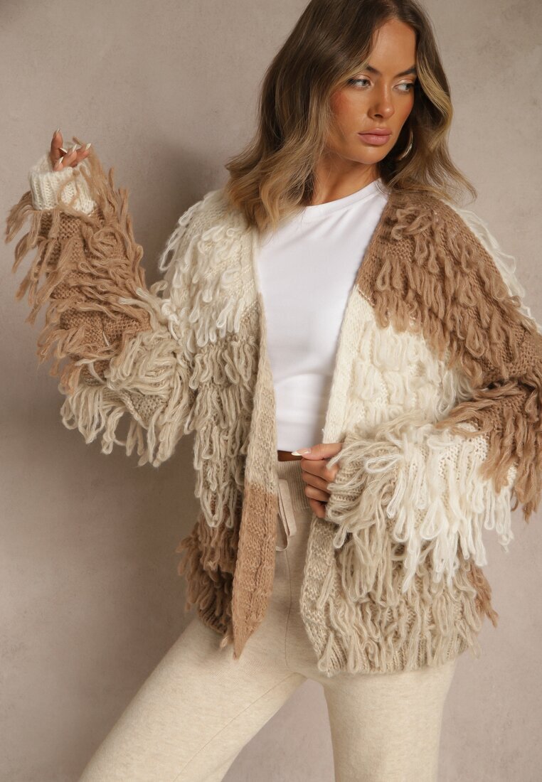jumelle Cardigan Bej Fără închidere Cu amestec de lână Decorat cu imitație de pene Lanitia