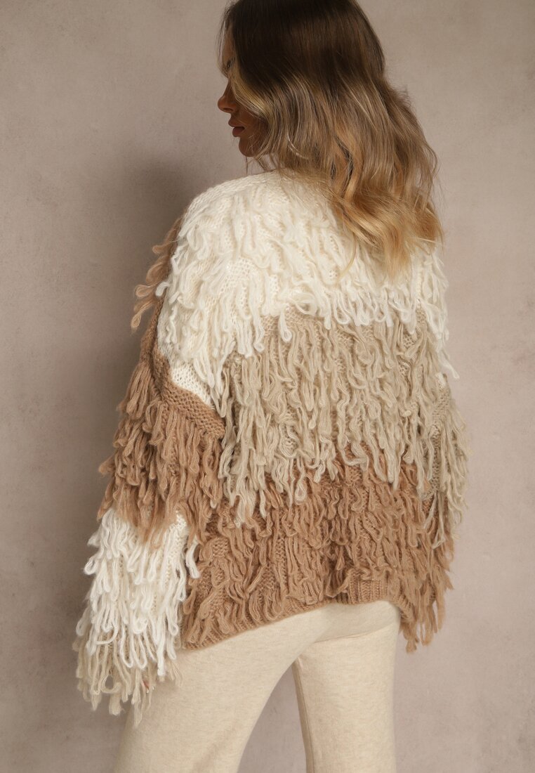 jumelle Cardigan Bej Fără închidere Cu amestec de lână Decorat cu imitație de pene Lanitia
