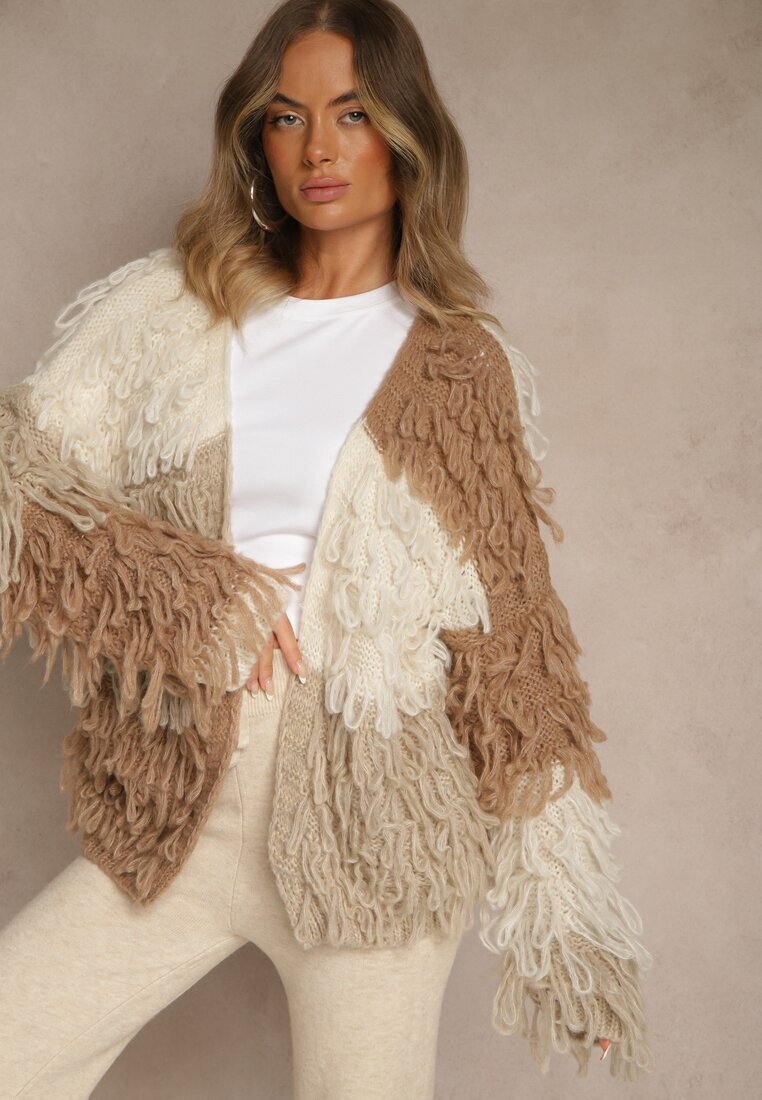 jumelle Cardigan Bej Fără închidere Cu amestec de lână Decorat cu imitație de pene Lanitia