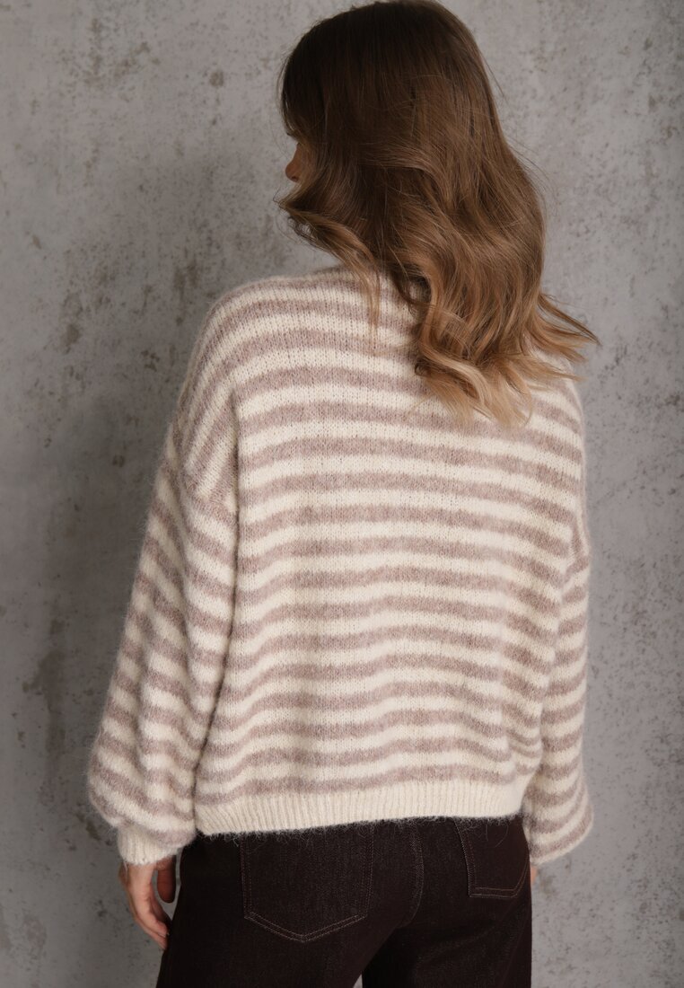 jumelle Cardigan Bej Tip liliac cu amestec de lână în dungi Fesaira