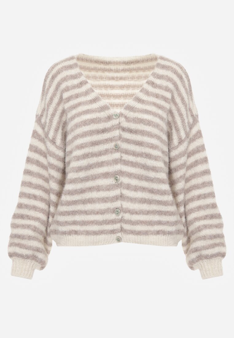 jumelle Cardigan Bej Tip liliac cu amestec de lână în dungi Fesaira