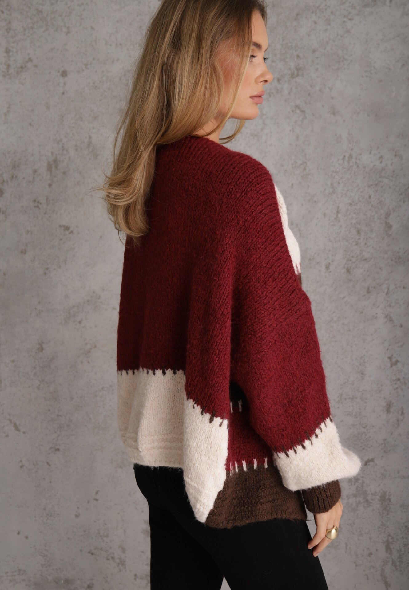 jumelle Cardigan Bordeaux cu amestec de Lână și Viscoză în stil Patchwork Fesolinne