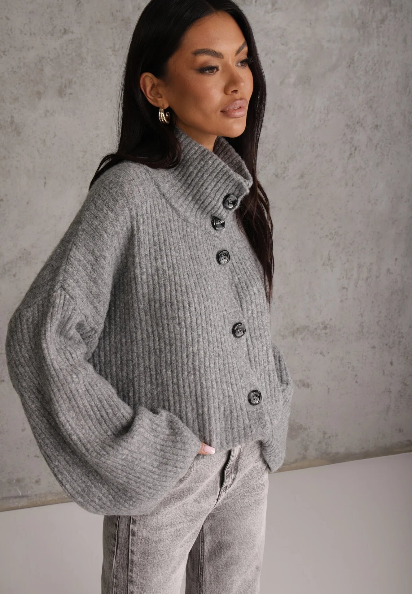 jumelle Cardigan din lână cu guler tip tunică Oversize Lornella Gri