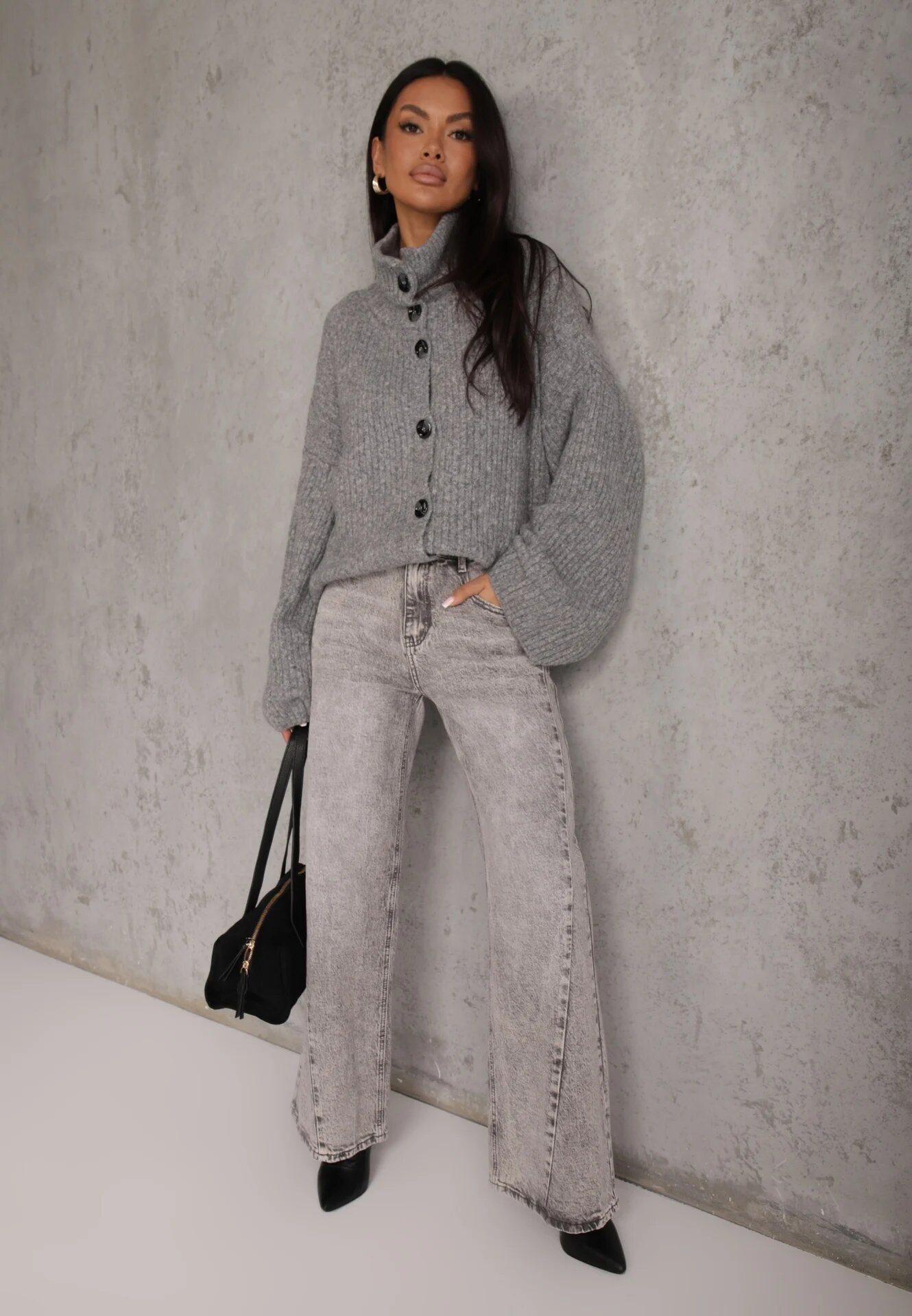 jumelle Cardigan din lână cu guler tip tunică Oversize Lornella Gri