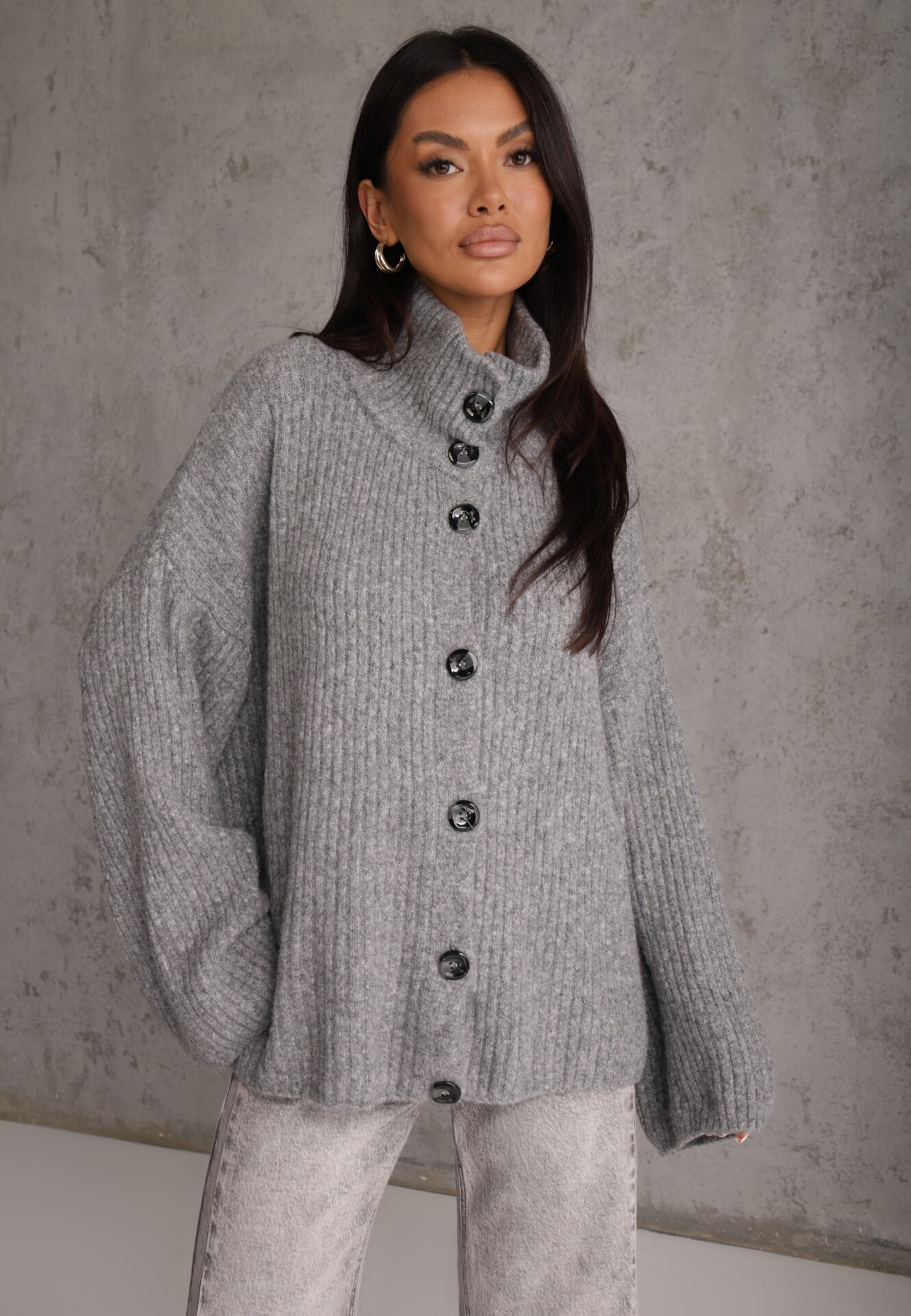 jumelle Cardigan din lână cu guler tip tunică Oversize Lornella Gri