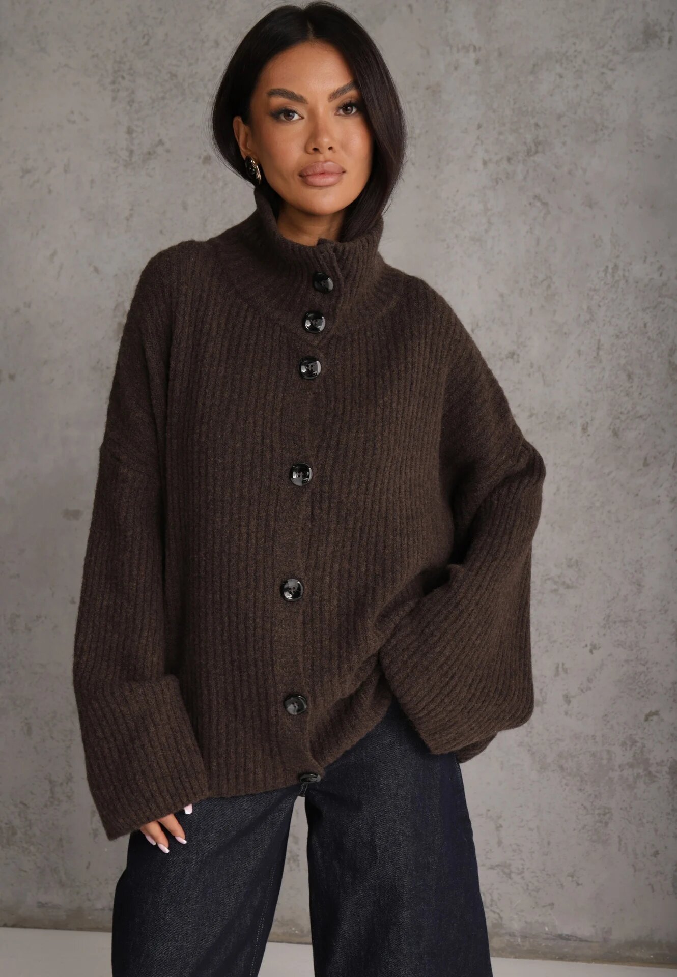 jumelle Cardigan din lână cu guler tip tunică Oversize Lornella Maro