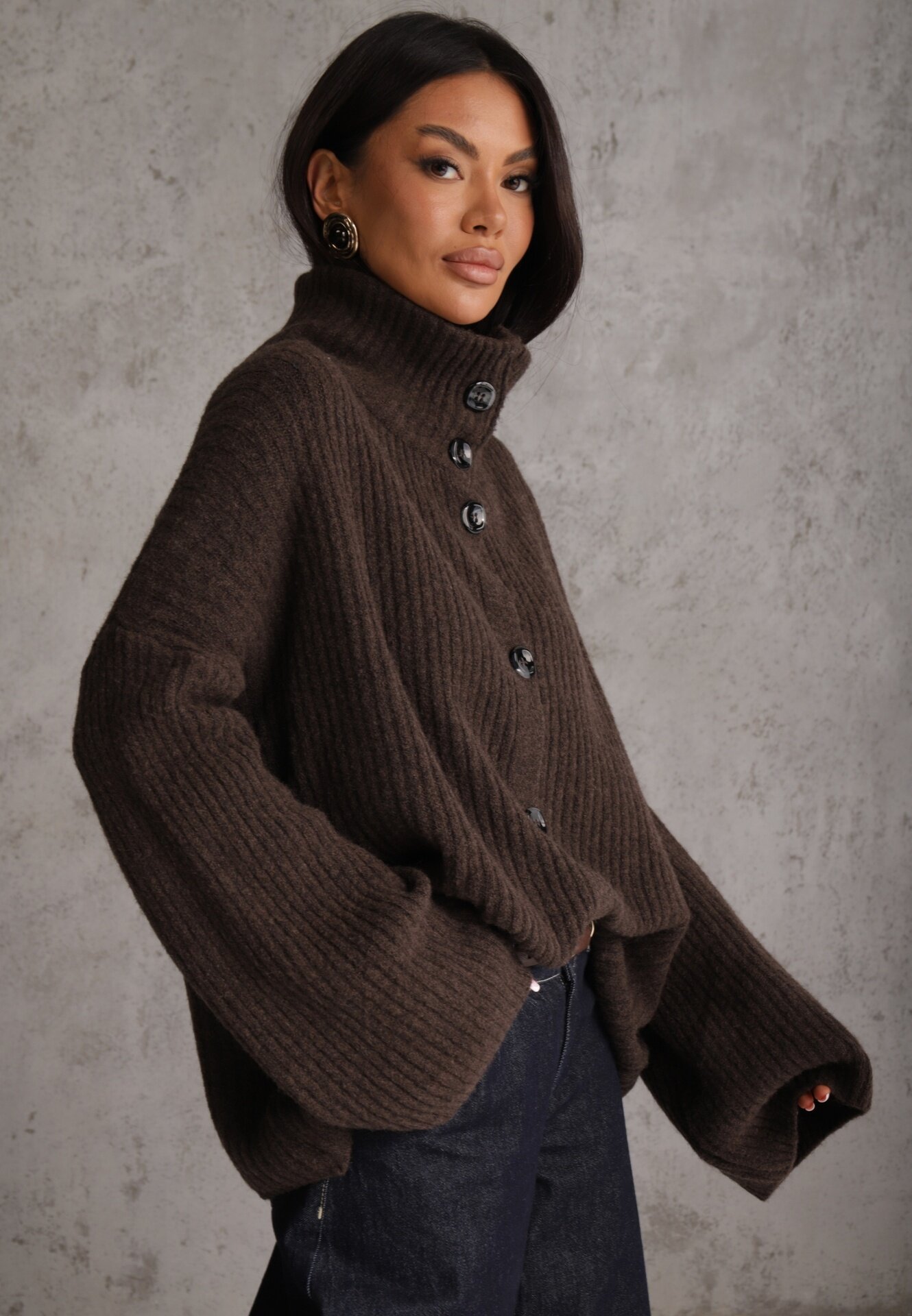 jumelle Cardigan din lână cu guler tip tunică Oversize Lornella Maro